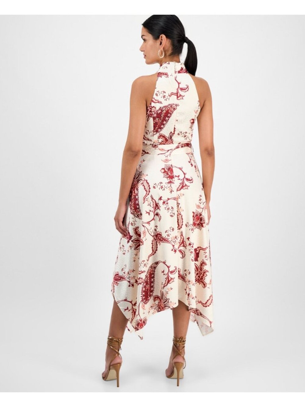 Rachel Roy Light Beige & Red Floral Handkerchief Hem Midi Dress Size 2 - Picture 2 of 8